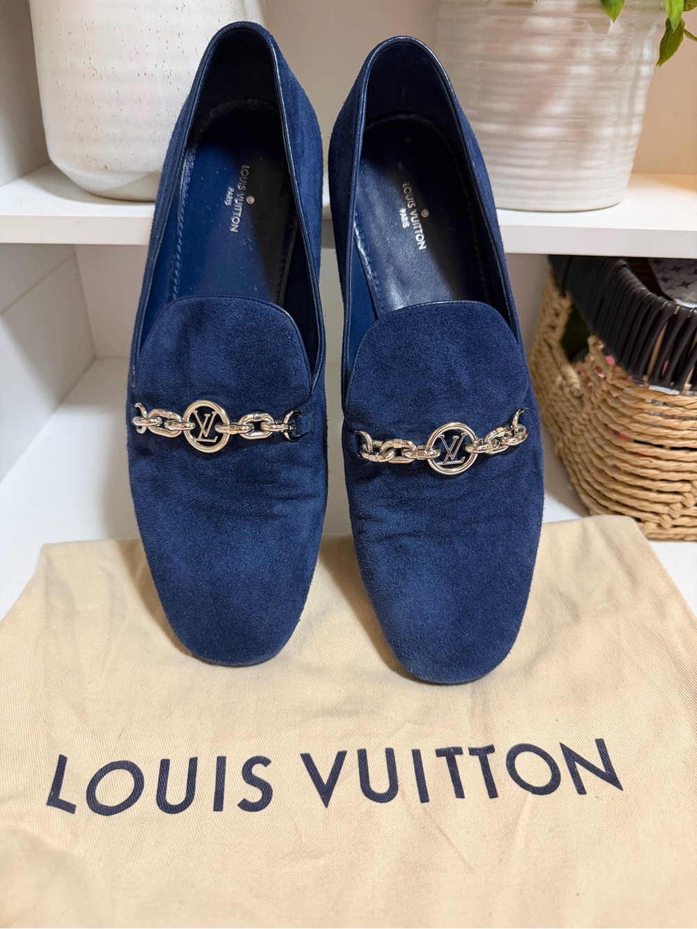 Authentic Louis Vuitton Blue Suede Chain Loafers, silver Hardware 39